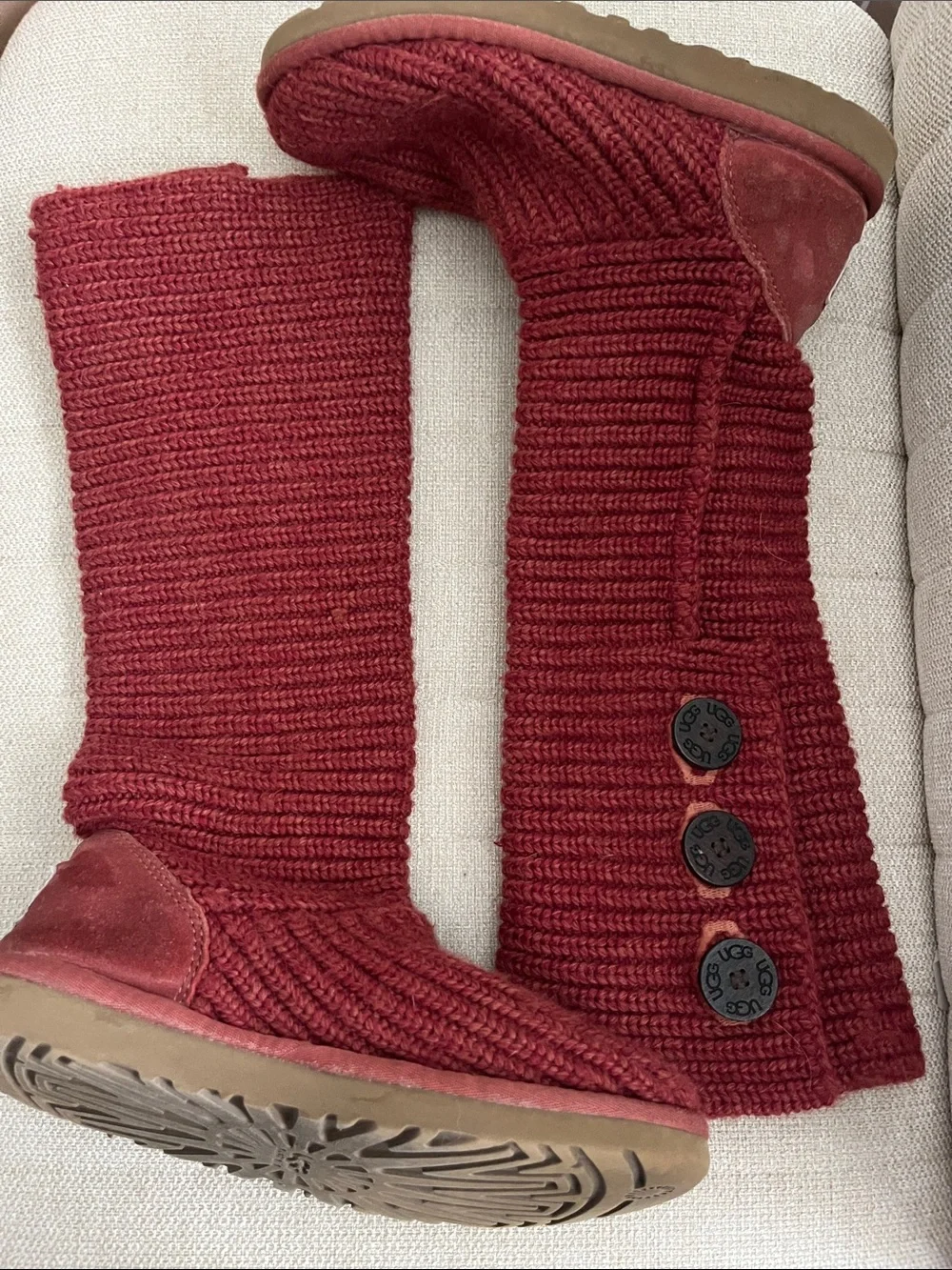 UGG Y2K red chunky cable knit fold over button tall boots Size 7